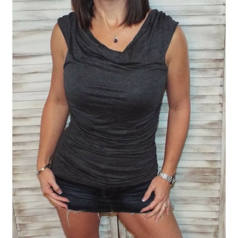 Drape Cowl Neck Ruched Gathered Top Charcoal 0218